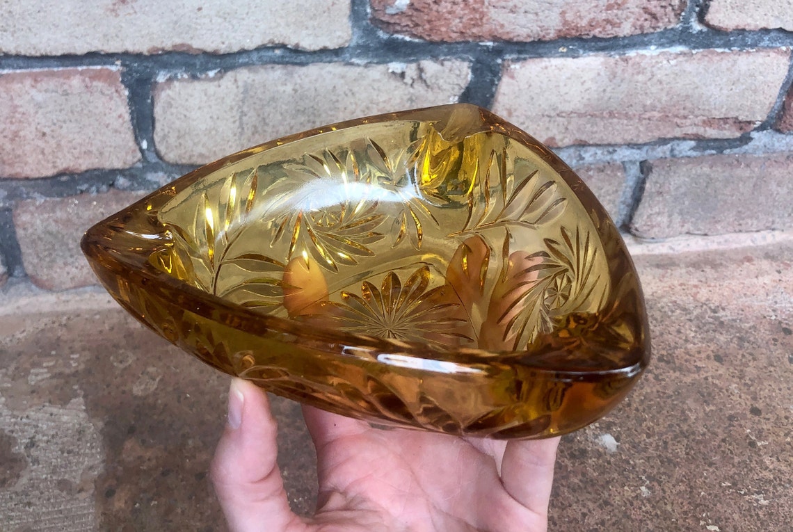 Vintage Yellow Glass Ashtray Cut Glass Ash Tray Mid Century Etsy
