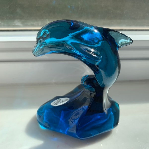 Fenton Glass Bottlenose Dolphin, Indigo Blue Oceanic Dolphin Figurine