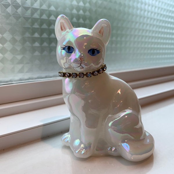 Fenton Cat Figurine, Opal Iridescent Calendar Cat with Rhinestone Necklace / FREE SHIPPING