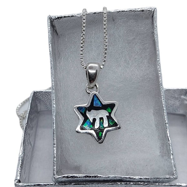 Sterling Silver Star of David Chai Necklace blue opal, Small Magen David, Jewish star necklace, Judaica jewellery, Pesach gift, Purim gift
