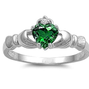 Sterling Silver Emerald Green Claddagh Ring, Irish Promise Ring 925 CZ Round Heart Mystic  CZ Engagement Ring St. Patricks, Mothers Day Gift
