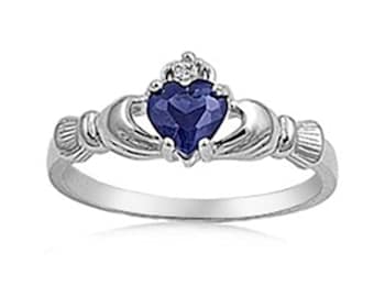 Sterling Silver Blue Sapphire Claddagh Ring Promise Ring 925 CZ Round Heart CZ Engagement Ring, St. Patricks Day, Easter Gift,