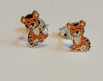 Tiger stud kids sterling silver earrings child's earrings cute girls jewellery ladies jewellery safari Granddaughter gift, Christmas Gift