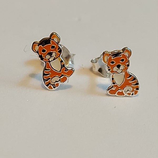 Tiger stud kids sterling silver earrings child's earrings cute girls jewellery ladies jewellery safari Granddaughter gift, Christmas Gift