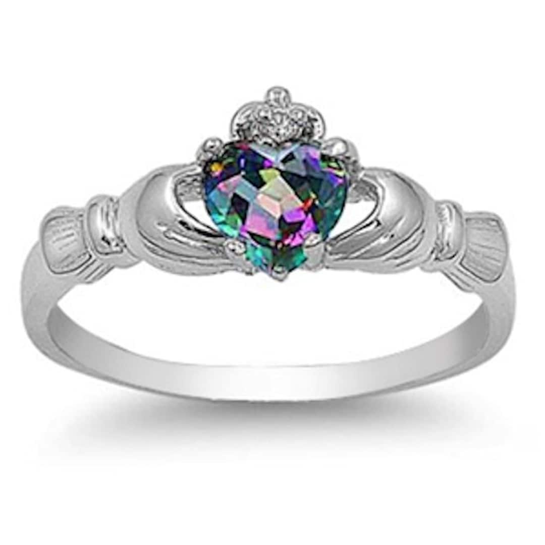 GALWAY Crystal Triple Band Claddagh Heart Ring - Sterling Silver Irish Promise Ring (Hallmarked, Gift Box)