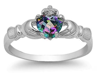 Claddagh Ring Irish Promise Ring 925 Sterling Silver CZ Round Heart Mystic Rainbow Topaz Fire CZ Engagement Ring, St. Patricks, Easter Gift