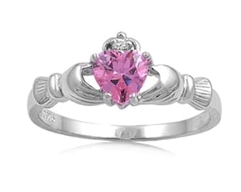 Pink Claddagh Ring Irish Promise Ring 925 Sterling Silver CZ Round Heart  CZ Engagement Ring