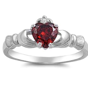 Sterling Silver Claddagh Garnet Ring, 925 Ring, CZ Round Heart CZ Engagement Ring, St. Patricks, Christmas gift, Gift, Irish Jewellery