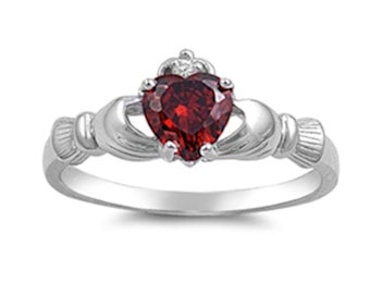 Sterling Silver Claddagh Garnet Ring, 925 Ring, CZ Round Heart CZ Engagement Ring, St. Patricks, Easter, Gift, Irish Jewellery