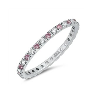 Anillo de plata esterlina con circonita rosa y transparente: banda minimalista apilable
