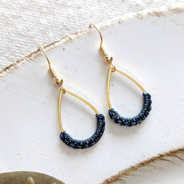 Navy Macrame Earrings, Navy Dangle Teardrop Earrings, Gold Boho Earrings, Hypoallergenic, Mother's Day Gift for Mom, Gift for Mom under 20