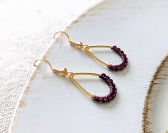 Purple Earrings dangle, Gold Boho Teardrop Earrings, Macrame, Unique gifts for her birthday, Easter Basket Stuffer for women