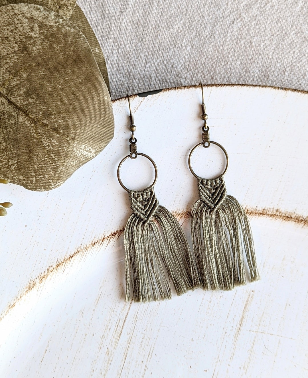 Sage Green Earrings Dangle, Macrame Earrings Handmade, Green Fringe