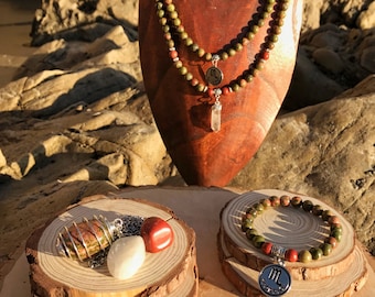 SCORPIO Zodiac Gift Set 2 | UNAKITE & Red JASPER | October November Birthstone | Mala Necklace Bracelet, 108 Mala Beads, Astrology Gifts