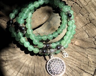 FLOWER OF LIFE Green Aventurine Mala Beads | 108 Bead Mala for Heart Chakra, 4th Chakra | Yoga Meditation Beads, Prayer Beads by Mayan Rose