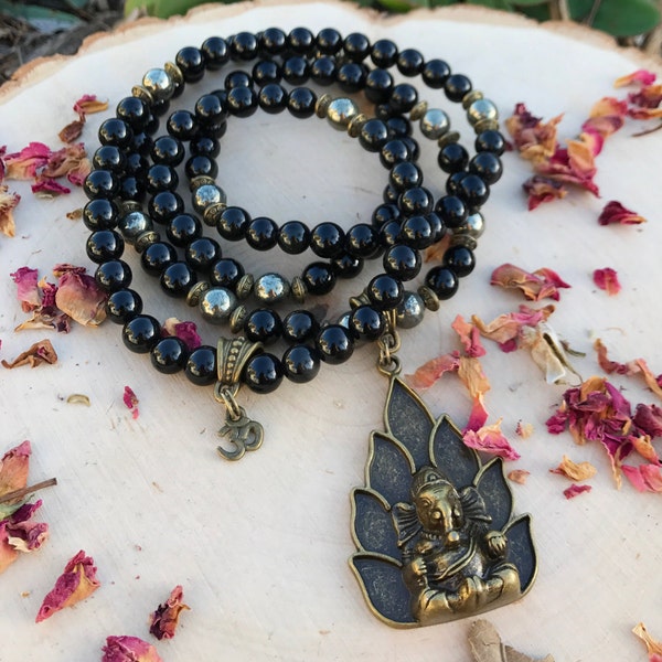 OBSIDIAN & PYRITE Mala Beads with Ganesh | UNISEX Mala Necklace, Ganesha Elephant Prayer Beads for Meditation, Yoga, Mantra for Men Men's