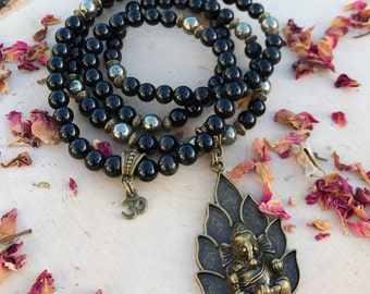 OBSIDIAN & PYRITE Mala Beads with Ganesh | UNISEX Mala Necklace, Ganesha Elephant Prayer Beads for Meditation, Yoga, Mantra for Men Men's