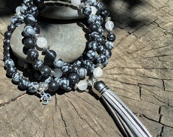 SNOWFLAKE OBSIDIAN Mala Beads with SILVER Suede Tassel | 108 Bead Crystal Mala Yoga Necklace | Om, Meditation Beads by Mayan Rose MayanRose