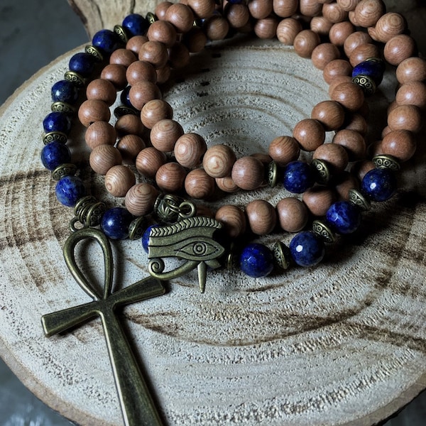 108 Mala Beads | Ankh Necklace Rosewood & Lapis Lazuli Egyptian Jewelery|  Tribal Native Necklace, Yoga Meditation Prayer Beads Mayan Rose