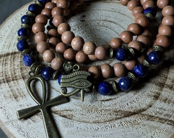 108 Mala Beads | Ankh Necklace Rosewood & Lapis Lazuli Egyptian Jewelery|  Tribal Native Necklace, Yoga Meditation Prayer Beads Mayan Rose