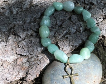 GREEN AVENTURINE Ankh Bracelet - Egyptian Cross - Heart Chakra, 4th Chakra - Eye of Horus, Pharaoh, Nefertiti, Ra, Maat, Pyramid, Egypt