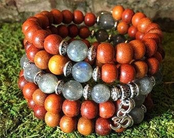 LABRADORITE & Red Wood Mala Bracelet | 108 Mala Beads | Unisex Wrist Mala | Yoga Prayer Beads Mala Bracelet | Meditation Zen | Wrap Bracelet