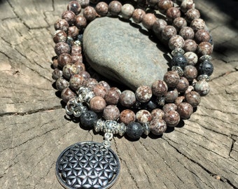 FLOWER OF LIFE Chocolate Jasper Mala Beads | 108 Unisex Mala Necklace for Root Chakra | Yoga Meditation Beads, Prayer Beads by Mayan Rose