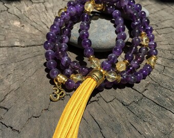 AMETHYST & CITRINE Mala Beads with YELLOW Suede Tassel | 108 Bead Crystal Mala Yoga Necklace | Om, Meditation Beads by Mayan Rose MayanRose