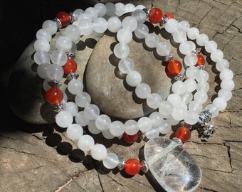 QUARTZ & CARNELIAN Mala for Meditation | Yoga Beads | 108 Mala Beads | Crystal Healing Mala | Om Yoga Necklace by Mayan Rose MayanRose