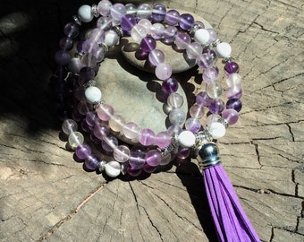 FLUORITE & QUARTZ Mala Beads with PURPLE Suede Tassel | 108 Bead Crystal Mala Yoga Necklace | Om, Meditation Beads by Mayan Rose MayanRose