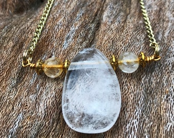 QUARTZ & CITRINE Crystal Necklace on Antique Gold Chain | Natural Clear Quartz Teardrop Pendant, Crystal Healing Gemstone Necklace
