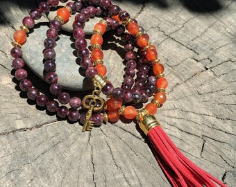 GARNET & CARNELIAN Mala Beads with RED Suede Tassel | 108 Bead Crystal Mala Yoga Necklace | Om Meditation Beads by Mayan Rose MayanRose