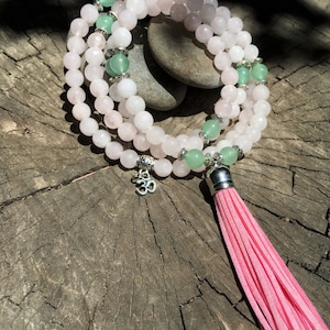 ROSE QUARTZ & Green AVENTURINE Mala Beads with Pink Suede Tassel | 108 Bead Crystal Mala Yoga Necklace | Om Meditation Beads by Mayan Rose