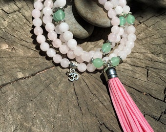 ROSE QUARTZ & Green AVENTURINE Mala Beads with Pink Suede Tassel | 108 Bead Crystal Mala Yoga Necklace | Om Meditation Beads by Mayan Rose