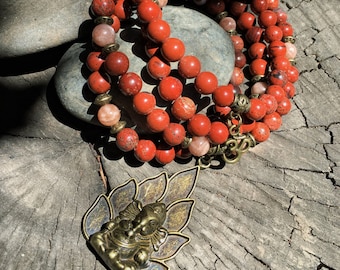 SUNSTONE & RED JASPER Mala Necklace with Ganesh Ganesha | 108 Mala Beads for Yoga, Meditation, Root Chakra | Hindu, Buddhist Prayer Beads