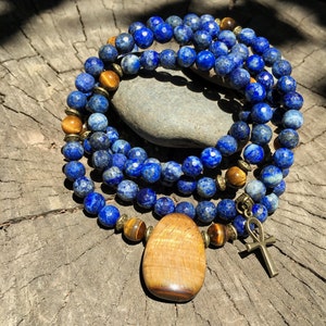 LAPIS LAZULI & TIGER Eye Mala for Meditation | Yoga Beads | 108 Mala Beads | Crystal Healing Mala | Om Yoga Necklace by Mayan Rose MayanRose