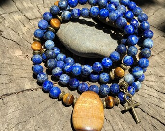 LAPIS LAZULI & TIGER Eye Mala for Meditation | Yoga Beads | 108 Mala Beads | Crystal Healing Mala | Om Yoga Necklace by Mayan Rose MayanRose