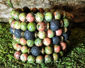 Unakite & Lava Beads Unisex Mala Bracelet | 108 Unisex Mala Beads , Bracelet Wrist Mala | Yoga Meditation Beads | Mala for Men, Men's Mala