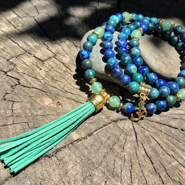 AZURITE & GREEN AVENTURINE Mala Beads with Green Suede Tassel | 108 Bead Crystal Mala Yoga Necklace | Om Meditation Beads by Mayan Rose