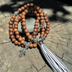 LABRADORITE & WOOD Mala Beads with SILVER Suede Tassel | 108 Bead Crystal Mala Yoga Necklace | Om Meditation Beads by Mayan Rose MayanRose