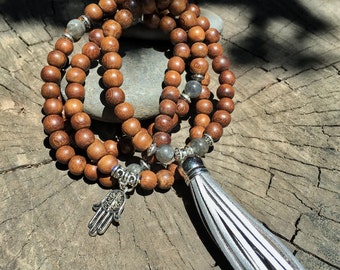 LABRADORITE & WOOD Mala Beads with SILVER Suede Tassel | 108 Bead Crystal Mala Yoga Necklace | Om Meditation Beads by Mayan Rose MayanRose