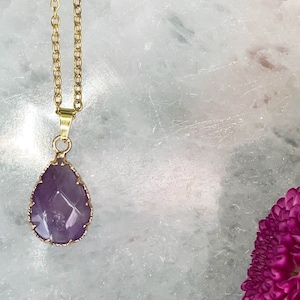 Amethyst Small Teardrop Crystal Gold Necklace 2 | 100% Natural Authentic Gemstone Crystal Healing Jewelry | Purple Pendant Layering Necklace