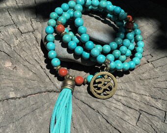 TURQUOISE HOWLITE Mala Beads with TEAL Suede Tassel | 108 Bead Crystal Mala Yoga Necklace | Om, Meditation Beads by Mayan Rose MayanRose