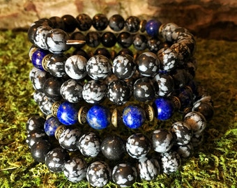Unisex Mala Beads | SNOWFLAKE OBSIDIAN & LAPIS Lazuli 108 Bead Mala Bracelet for Meditation | Mens Men's Yoga Beads for Men |Wrist Mala