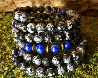 Unisex Mala Beads | SNOWFLAKE OBSIDIAN & LAPIS Lazuli 108 Bead Mala Bracelet for Meditation | Mens Men's Yoga Beads for Men |Wrist Mala