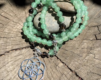 SEED OF LIFE Green Aventurine Mala Beads | 108 Bead Mala for Heart Chakra, Sacred Geometry | Yoga Meditation Beads, Prayer Beads, Mayan Rose