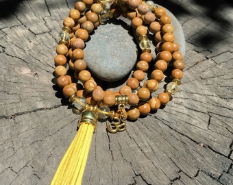 CITRINE & JASPER Mala Beads with YELLOW Suede Tassel | 108 Bead Crystal Mala Yoga Necklace | Om, Meditation Beads by Mayan Rose MayanRose