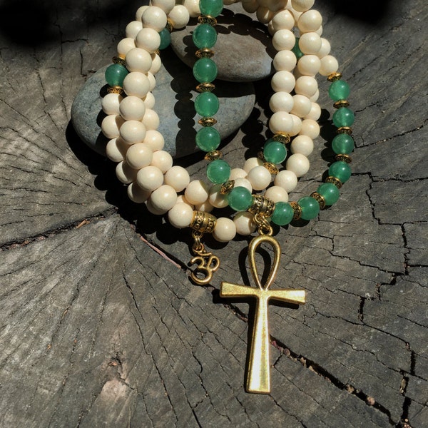 Egyptian Mala Beads | Unisex Green Aventurine & White Wood 108 Bead Ankh Necklace |  Meditation Yoga Prayer Rosary | Eye of Horus Ra