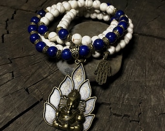 108 Mala Beads | Lapis Lazuli & White Howlite | Ganesh Ganesha Charm | Yoga Meditation Bead Hindu Prayer Beads | Buddha Buddhist Rosary