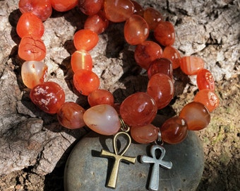 CARNELIAN Ankh Bracelet - Egyptian Cross - Sacral Chakra - 2nd Chakra - Eye of Horus Pharaoh Isis, Nefertiti, Eye of Ra, Pyramid Egypt